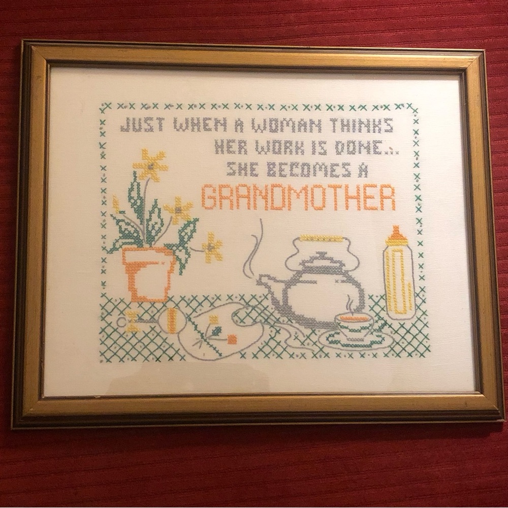 Framed Cross-Stitch "Grandmother" Saying, in Orange and Pastels Vintage SWEET!